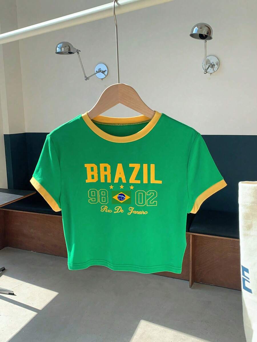 CovetEZ Áo thun tay ngắn cổ tròn in chữ thường ngày mùa hè dành cho nữ cỡ lớn - màu xanh lá - Xem 1