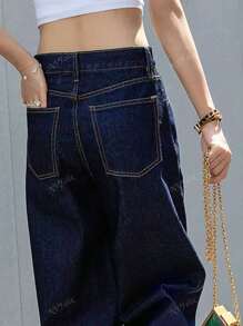 NVFelix Nouveaux jeans droits délavés polyvalents et décontractés pour femmes avec design de poches. Vêtements simples et multifonctionnels pour la rentrée scolaire