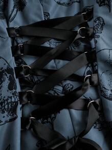 SHEIN LUNE 骷髅印花拼布前拉链宽肩带休闲短款连衣裙 - 藏蓝色 - 查看 4