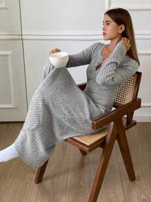 DAZY Knit Ribbed Fabric Fitted Casual Dress, Fall Pajama, Winter - Grey - View 5