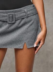 SHEIN BAE 女士灰色纯色复古简约返校/通勤百搭休闲保暖 A 字腰带半身裙 - 深灰色 - 查看 3