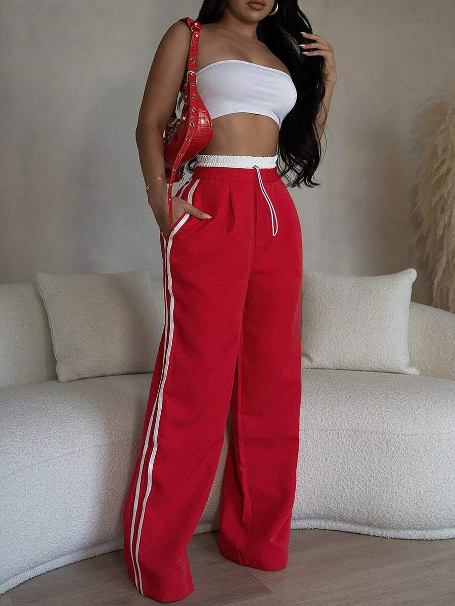 Women Loose Fit Contrast Color Casual Warm Sweatshirt & Pants Set Spring Red - Red - View 1