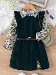 SHEIN Elladie kids 2pcs Young Girl Ditsy Floral Long Sleeve Top And Ruffle Solid Color Round Neck Dress Cute Outfit, Spring & Autumn - Multicolor - View 1