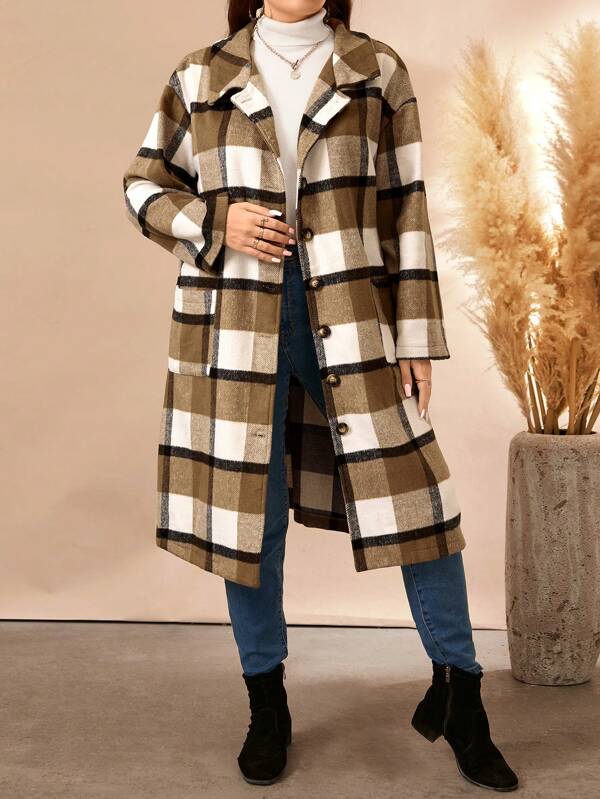 Plus Size Women's Long Sleeve Single-Breasted Long Casual Plaid Overcoat, Spring Autumn