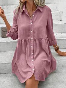 SHEIN Frenchy 纯色纽扣领中长袖简约短款连衣裙 - 藕粉色 - 查看 5