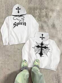 Manfinity EMRG 男士休闲宽松交叉和蜘蛛网印花连帽衫，春秋装，垃圾上衣 - 白色 - 查看 1