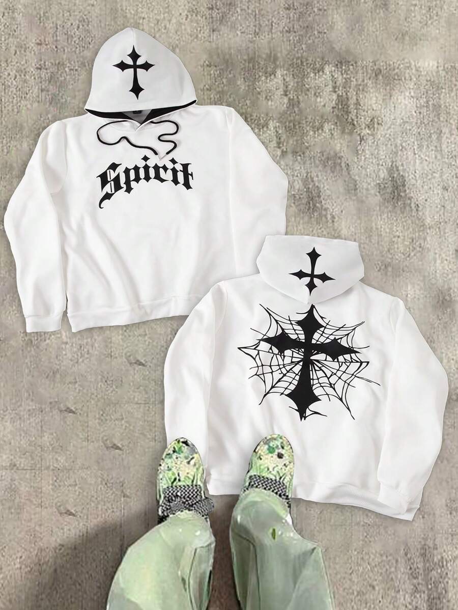 Manfinity EMRG 男士休闲宽松交叉和蜘蛛网印花连帽衫，春秋装，垃圾上衣 - 白色 - 查看 1