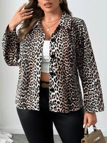 Franclia Chaqueta casual de manga larga con un solo pecho y estampado de leopardo para mujeres de talla grande, primavera y otoño