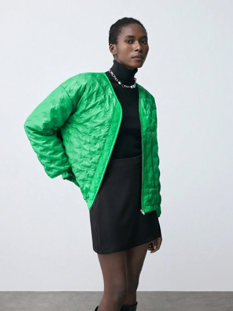 SHEIN Maija Women Green Solid Front Zip Long Sleeve Simple Casual Padded Coat, Autumn & Winter