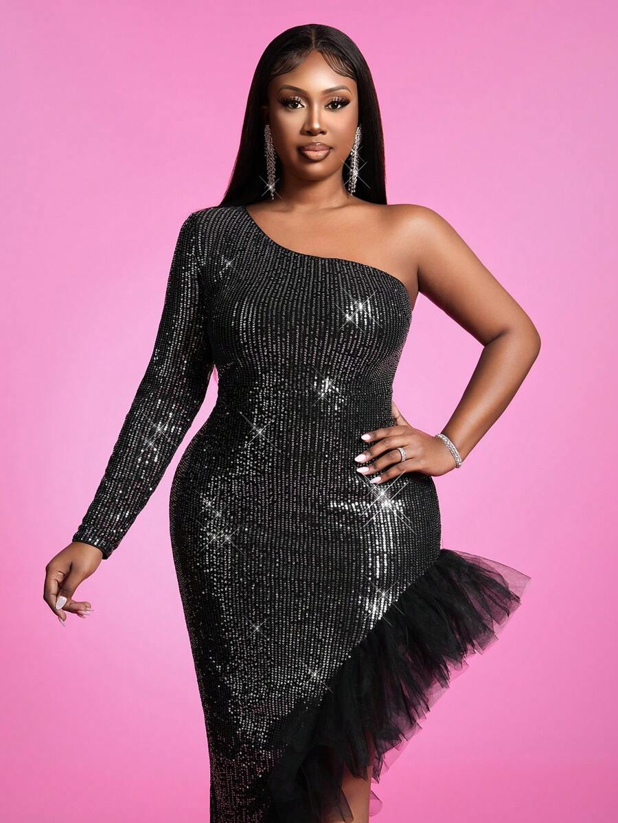 Slaydiva Plus Size Elegant Fitted Sequins Contrast Mesh Asymmetrical Neck Party Dress - Black - View 1
