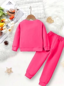 2 件套年轻女孩蝴蝶印花圆领运动衫和慢跑裤套装，适合学校和运动的休闲装，秋冬季保暖内衬 - 玫紅色 - 查看 2