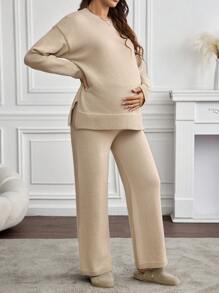 SHEIN 纯色基本款运动休闲孕妇毛衣套装，适合冬季 - 杏色 - 查看 4
