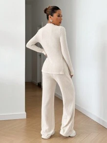 SHEIN EZwear Bộ áo thun cổ lọ tay dài bằng vải nỉ có gân và quần ống đứng - Màu be - Xem 2