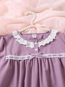 Tween Girls Elegant Lace Trim Long Sleeve Long Nightgown Loungewear - Purple - View 4