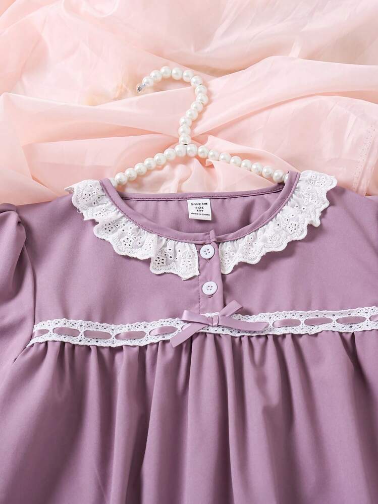 Tween Girls Elegant Lace Trim Long Sleeve Long Nightgown Loungewear - Purple - View 4