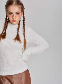 SHEIN 少女纯色立领长袖休闲毛衣 - 白色 - 查看 8