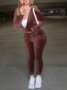 女士 2 件套修身纯色运动衫上衣和紧身裤，休闲工作服日常装 - 棕色 - 查看 1