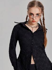 SHEIN 少女纯色前扣长袖休闲衬衫 - 黑色 - 查看 5