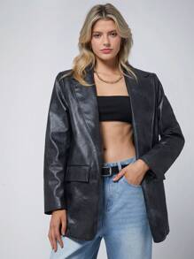 Easelle 女士春秋长袖灰色编织 PU 皮革西装外套 - 深灰色 - 查看 2
