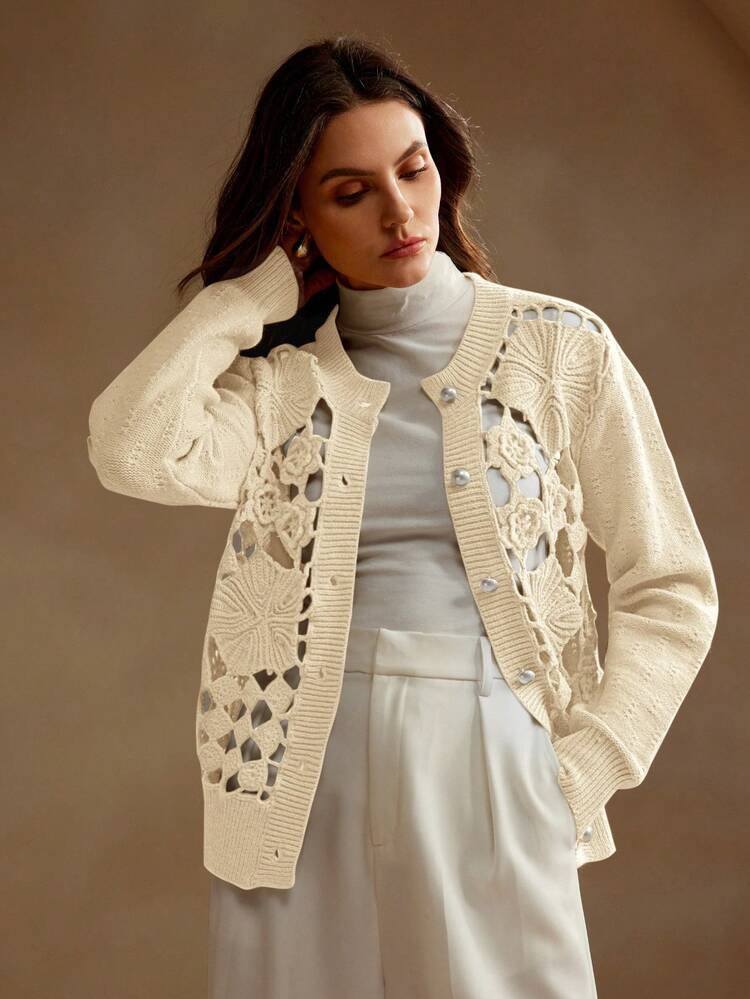 Women's Spring And Autumn Long Sleeve Double Layer Handmade Crochet Hollow Floral Knitted Cardigan