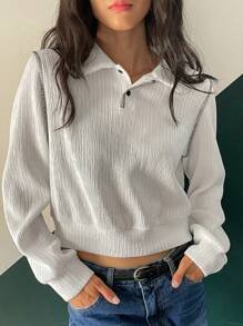 DAZY Women's Solid Color Polo Collar Long Sleeve Cropped Casual T-Shirt, Spring & Fall - White - View 6