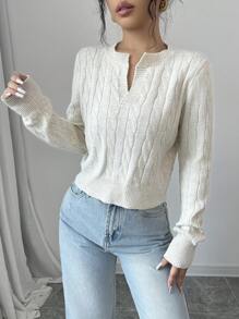 Selianne Women V-Neck Long Sleeve Solid Color Casual Cropped Sweater, Autumn/Winter,Long Sleeve Tops Knit Pullover Fall Outfit - Khaki - View 3