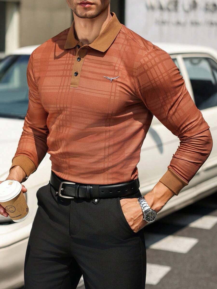 Manfinity Homme 男士休闲格子长袖 Polo 衫，秋季 - 棕色 - 查看 1