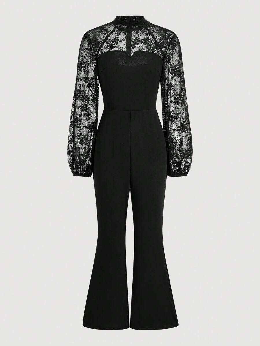 SHEIN Privé Women's Black Sexy Elegant Mesh Contrast Long Sleeve Slim Fitted Long Jumpsuit
