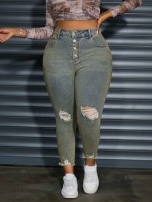 SHEIN Essnce Plus Size Autumn Casual Cat Whisker Distressed Skinny Jeans - Yellow - View 6