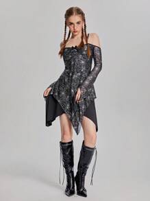 SHEIN 1 pieza Vestido de manga larga ajustado con estampado metálico para niña adolescente, primavera y otoño - Negro - Ver 1