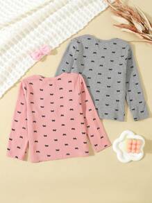 2pcs Girls Casual Pink & Gray Butterfly Print Long Sleeve Underwear Set