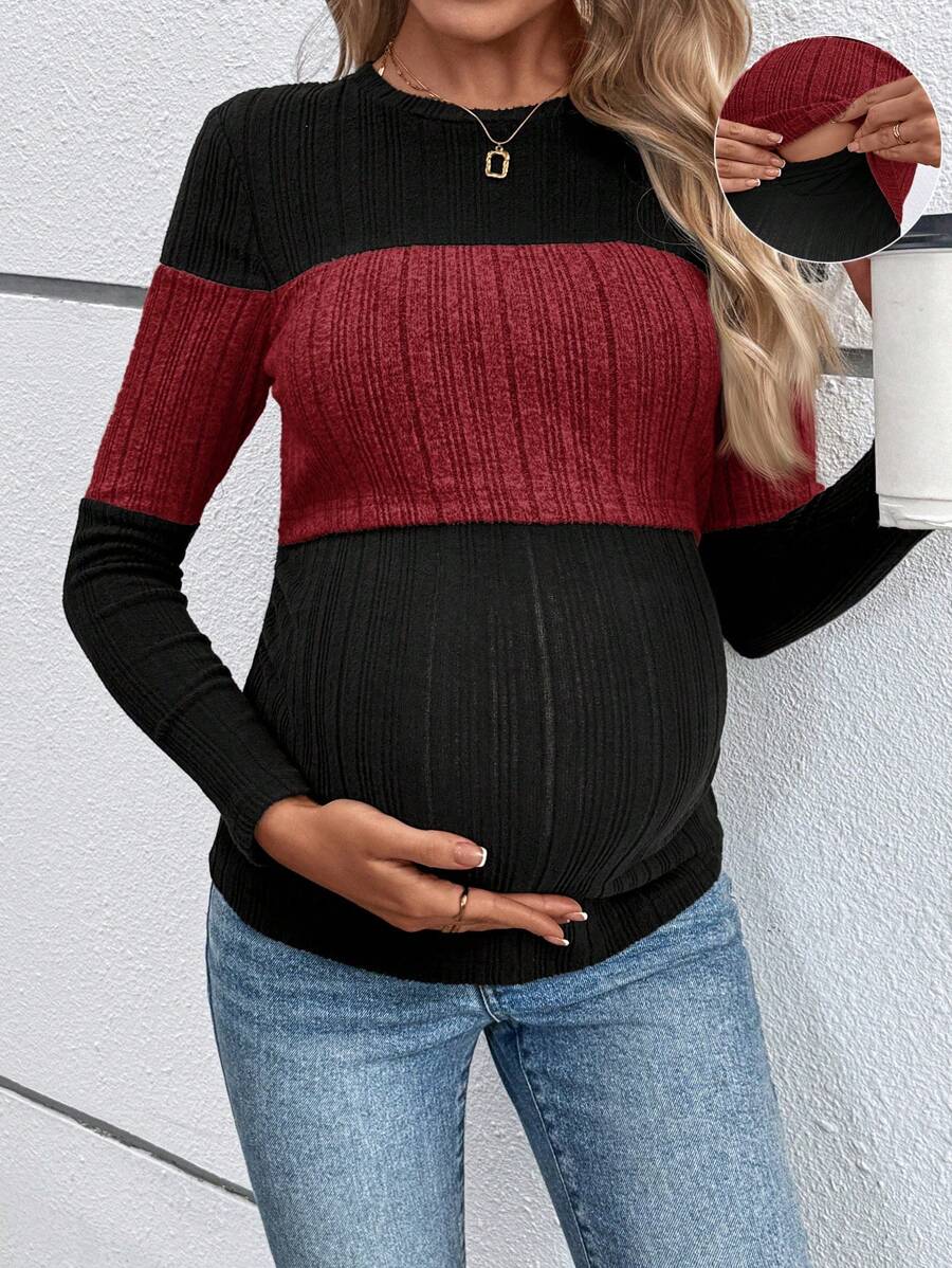 SHEIN 孕妇休闲拼色圆领长袖哺乳上衣，春季和秋季 - 紅色 - 查看 1