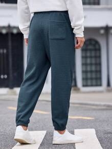 Manfinity VCAY Men's Slim Knit Casual Pants, Straight Leg Thermal Lined Sweatpants, Suitable For Autumn/Winter - Navy Blue - View 3