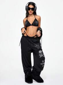ROMWE Grunge Punk Bộ 2 áo crop top và quần short họa tiết đầu lâu và trái tim đính đá phong cách Y2K dành cho nữ - màu đen - Xem 3
