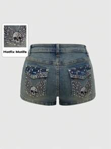 Grunge Punk Pantalones cortos mini ajustados de estilo punk con bordado de calavera de strass para mujeres, escuela - Neblina azul - Ver 1