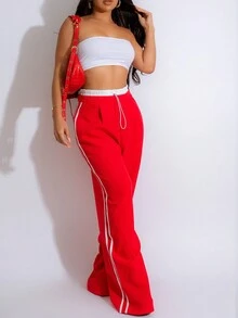 Women Loose Fit Contrast Color Casual Warm Sweatshirt & Pants Set Spring Red - Red - View 4