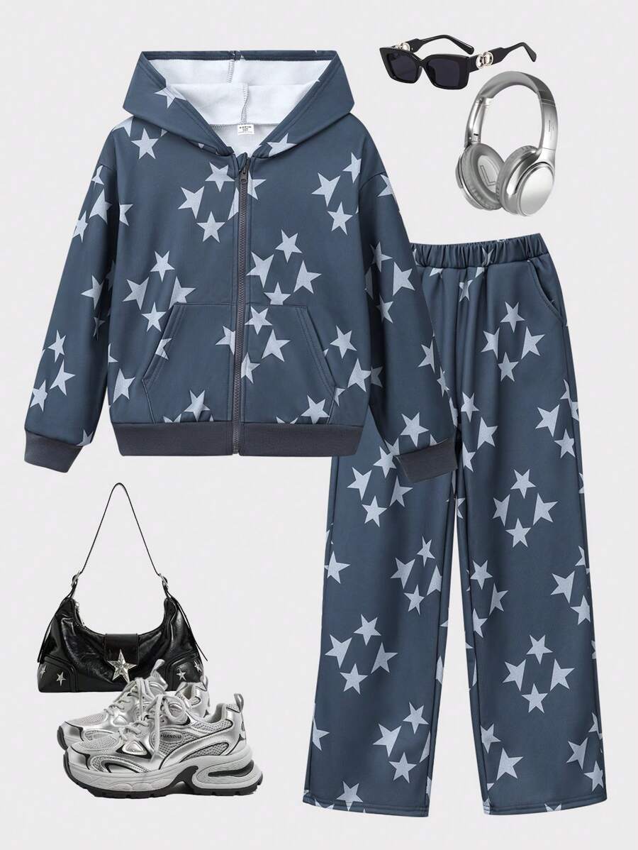 SHEIN 2 件套 Tween 女童数字星星图案连帽拉链运动衫和裤子套装 - 深灰色 - 查看 1