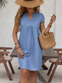 EMERY ROSE 女士 V 领短袖宽松牛仔休闲连衣裙