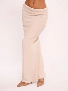 MUSERA Knit Ribbed Fold Over Maxi Skirt Elegant Summer Sexy  Party - Apricot - View 3