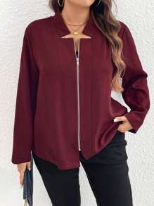 Calvaya Plus Size Simple Notched Neck Solid Color Casual Fall Jacket - Red - View 5