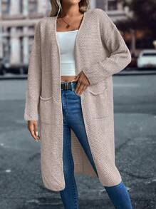 SHEIN LUNE Women's Solid Color Minimalist Long Cardigan Cozy Sweater - Apricot - View 7