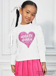 Marilyn Monroe X SHEIN Young Girl Glitter Heart Print Mock Neck Puff Sleeve Fitted White T-Shirt, Elegant Fashion Style