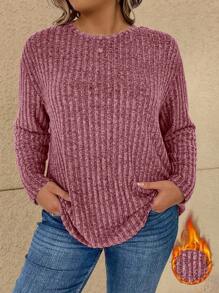 Vionelle 大码休闲纯色落肩宽松长袖 T 恤，春秋季 - 乾枯玫瑰色 - 查看 1