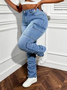 SHEIN SXY Plus Size Women's Elastic Waist Thermal Jeans With Design Details, Ankle Length Pants Thickened Denim, For Winter
