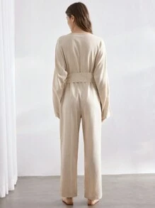 Ocili 女士纯色长袖裹身连体裤休闲服 - 卡其色 - 查看 2