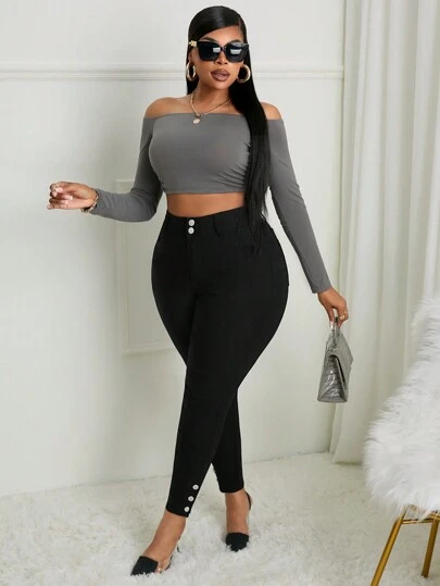 Plus Size Stretchy Denim Side Slit Stylish Pants Fall Cloth For Women