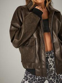 Hauture Distressed PU Leather Zip Up Collared Jacket - Black - View 2