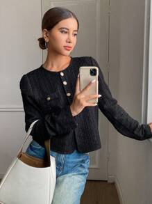 DAZY Women's Metal Single-Breasted Regular Jacket, New Autumn Collection - Black - View 5