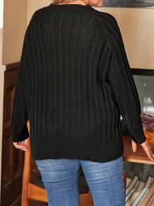 Plus Size Women's Solid Color Crew Neck Raglan Sleeve Casual Pullover Sweater, Autumn/Winter Knit Pullover Fall - Black - View 2