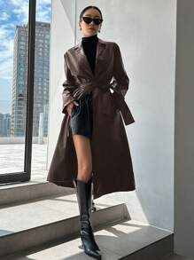 DAZY Women's Solid Color Lapel Neck Long Sleeve Long Elegant Trench Coat